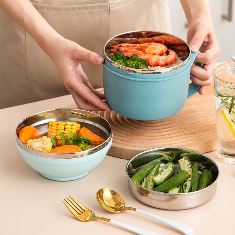 Anti-scalding Plastic Bowl for Kids Nordic 304 Stainless Steel Soup Bowl  with Lid Insulated Rice Noddle Food Containers Kitchen